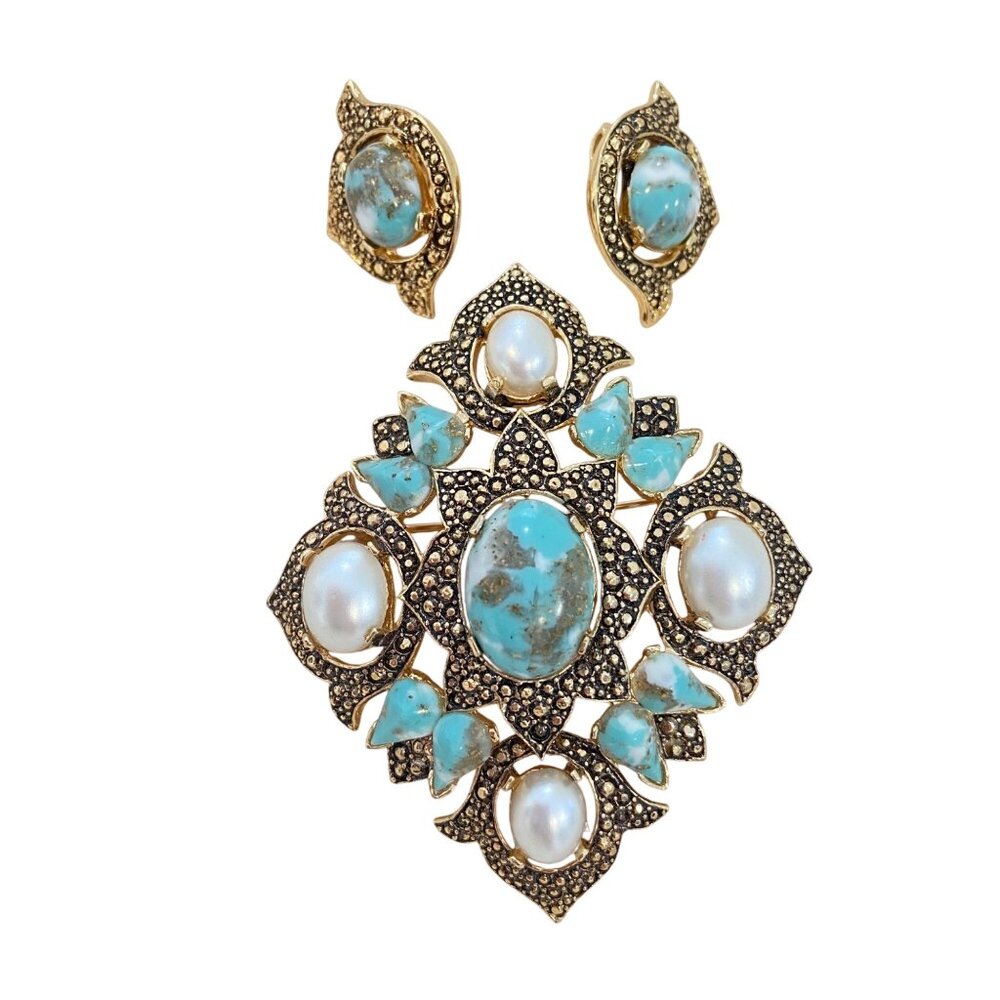 Vintage Sarah Coventry Turquoise & Pearl Clip-On Earrings With Matching Brooch - Picture 11 of 11